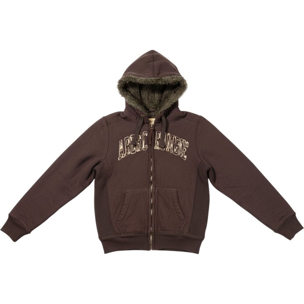 Abercrombie & Fitch Wolf Jaw Jacket Faux Fur Lined Hoodie Brown Mens Small Y2K